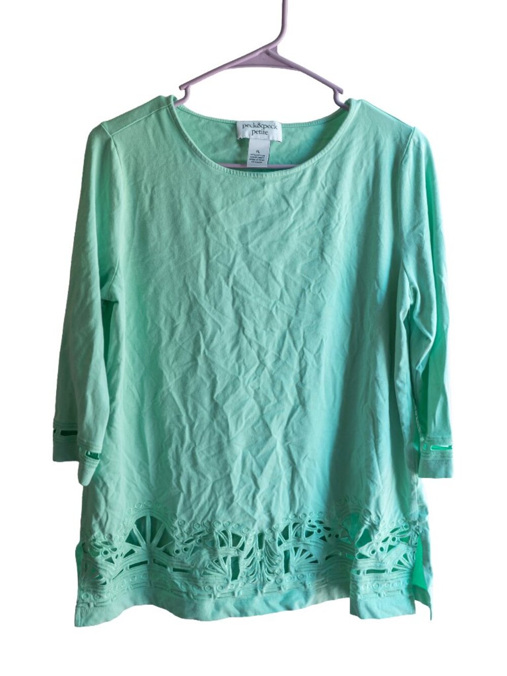 Peck & Peck Petite Teal Cutout Quarter Sleeve Top - Petite Large